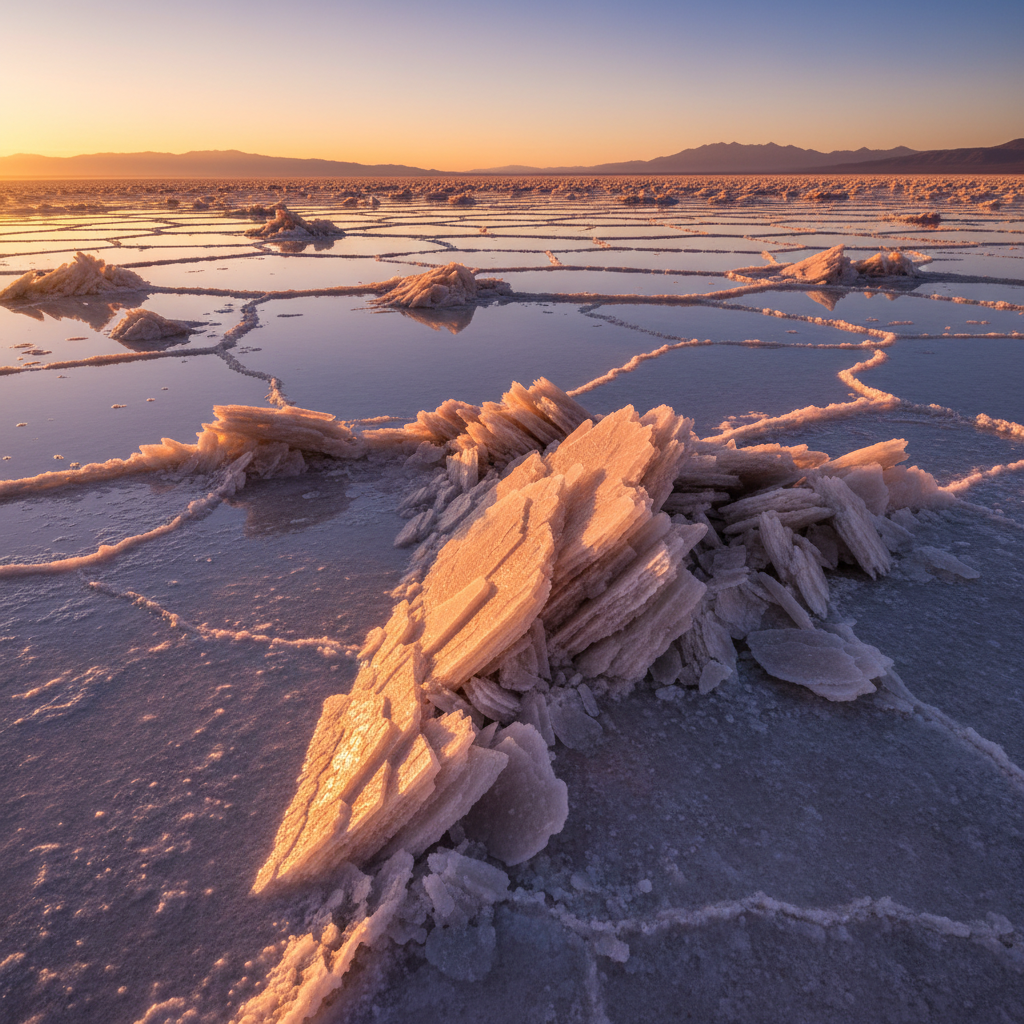 Salt flats at dawn with crystalline formations catching morning light in Brittany
