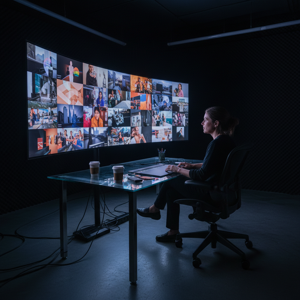 Creative director reviewing video production footage on monitors