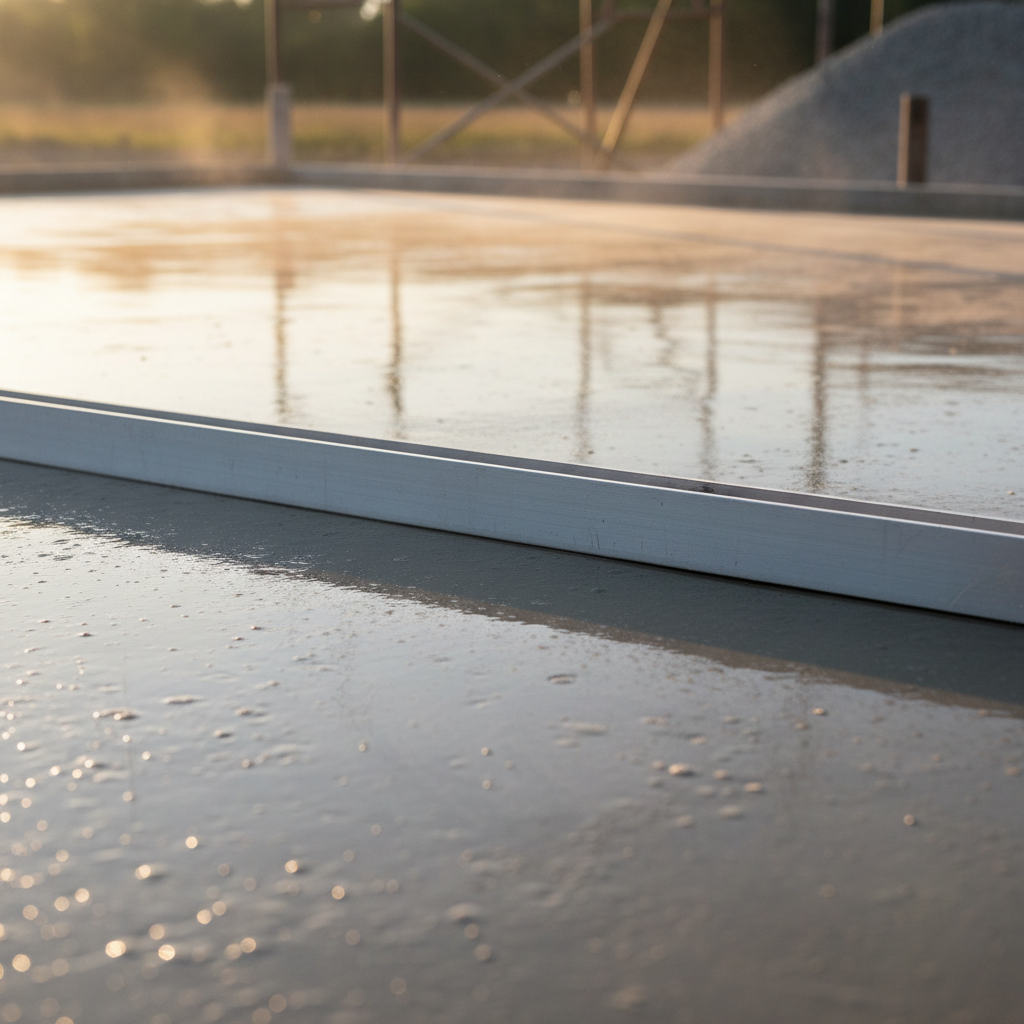 Close-up of freshly troweled concrete surface with metal straightedge laid across showing perfectly flat finish in afternoon light