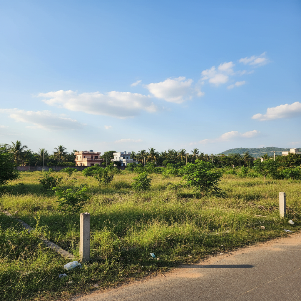 Open land plot in developed residential estate, bright sunny day