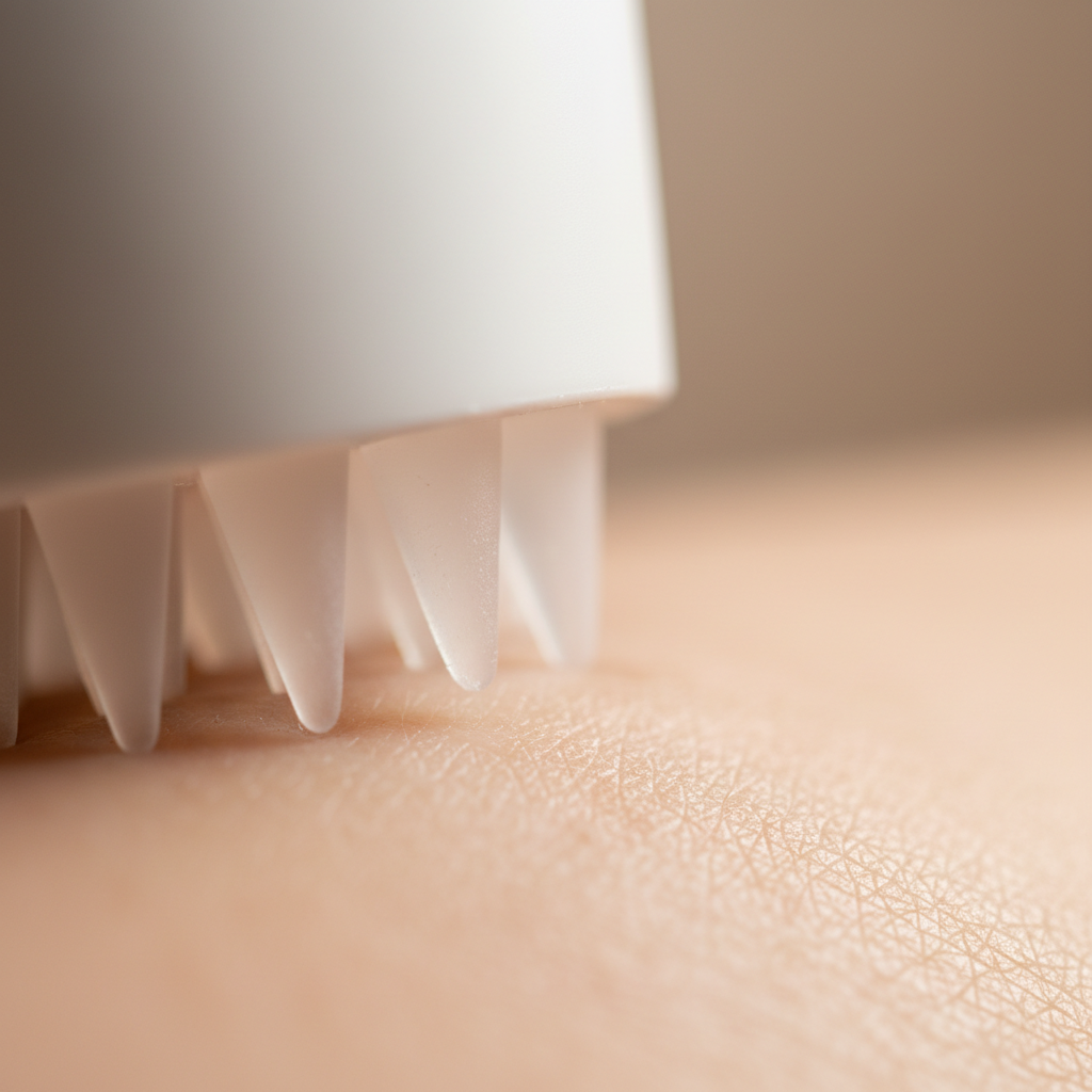 Extreme macro close-up of silicone bristle tips against skin texture showing pores visibly clearing