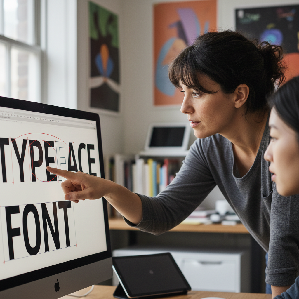Instructor leaning over a screen pointing at kerning pairs while a student watches