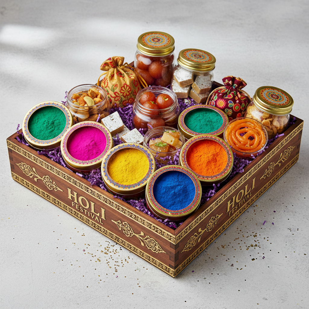 Premium international Holi gift hamper with multiple gulaal tins, sweets, and decorative packaging ready for shipping