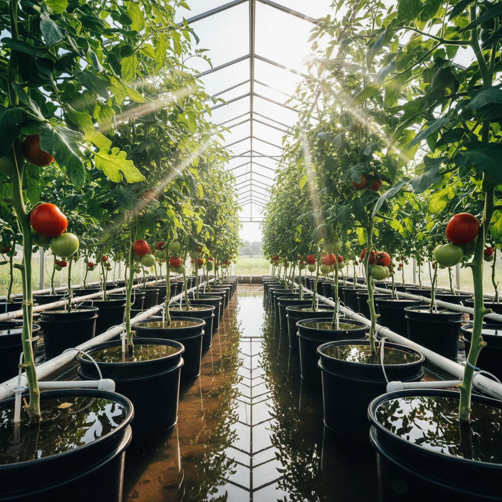 Deep water culture buckets with healthy plant roots submerged in nutrient solution, bright grow lights above, clean facility