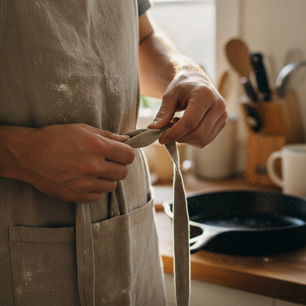 Hands tying a crossback apron in a sun-drenched kitchen, flour dusted across linen, cast iron skillet in background