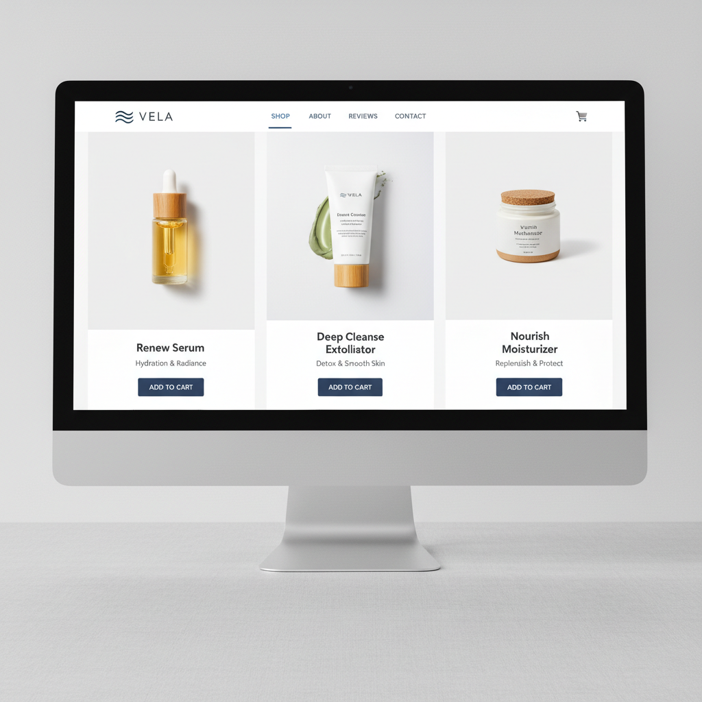 Vela Skincare Shopify storefront showing product pages and minimalist layout