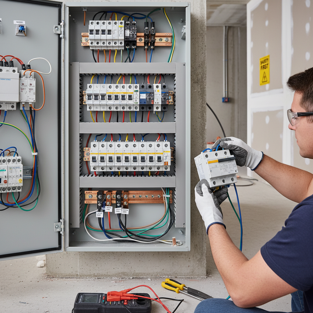 Électricien installant un tableau électrique dans un appartement
