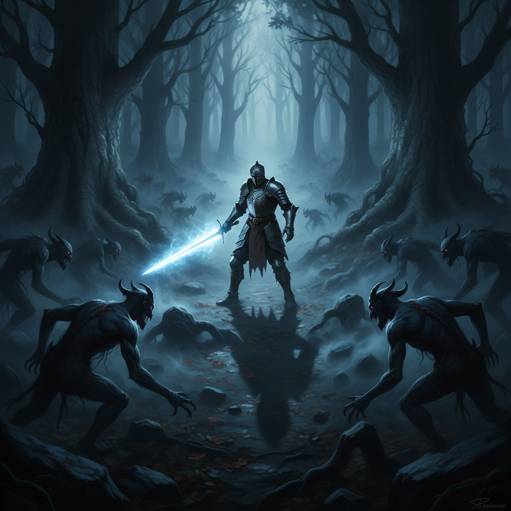 Swordsman in a demon-filled castle with glowing blade effects and dark atmospheric lighting