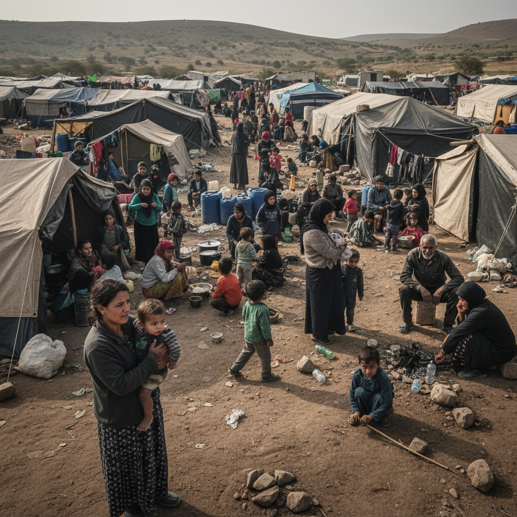 Refugee families in temporary shelter representing climate-displaced communities