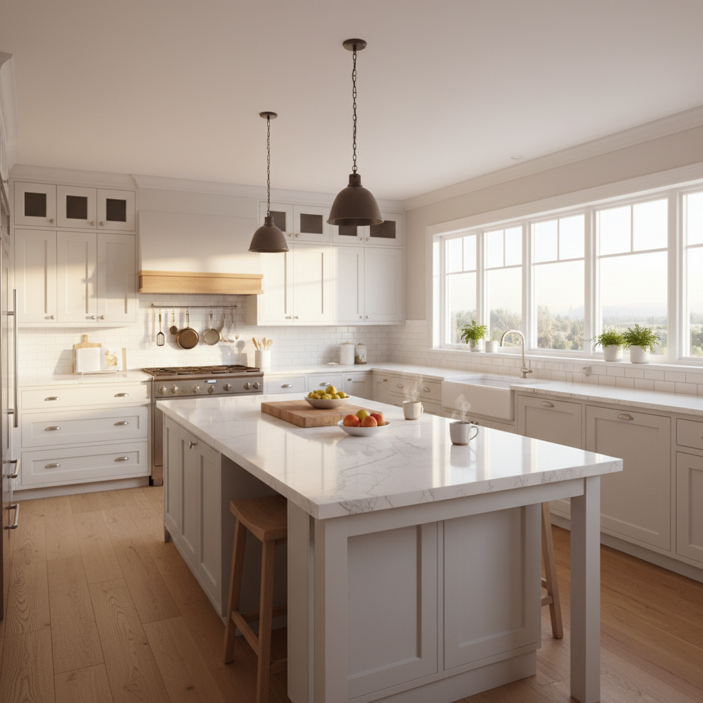 Bright modern open kitchen with white quartz island and custom cabinetry, natural light