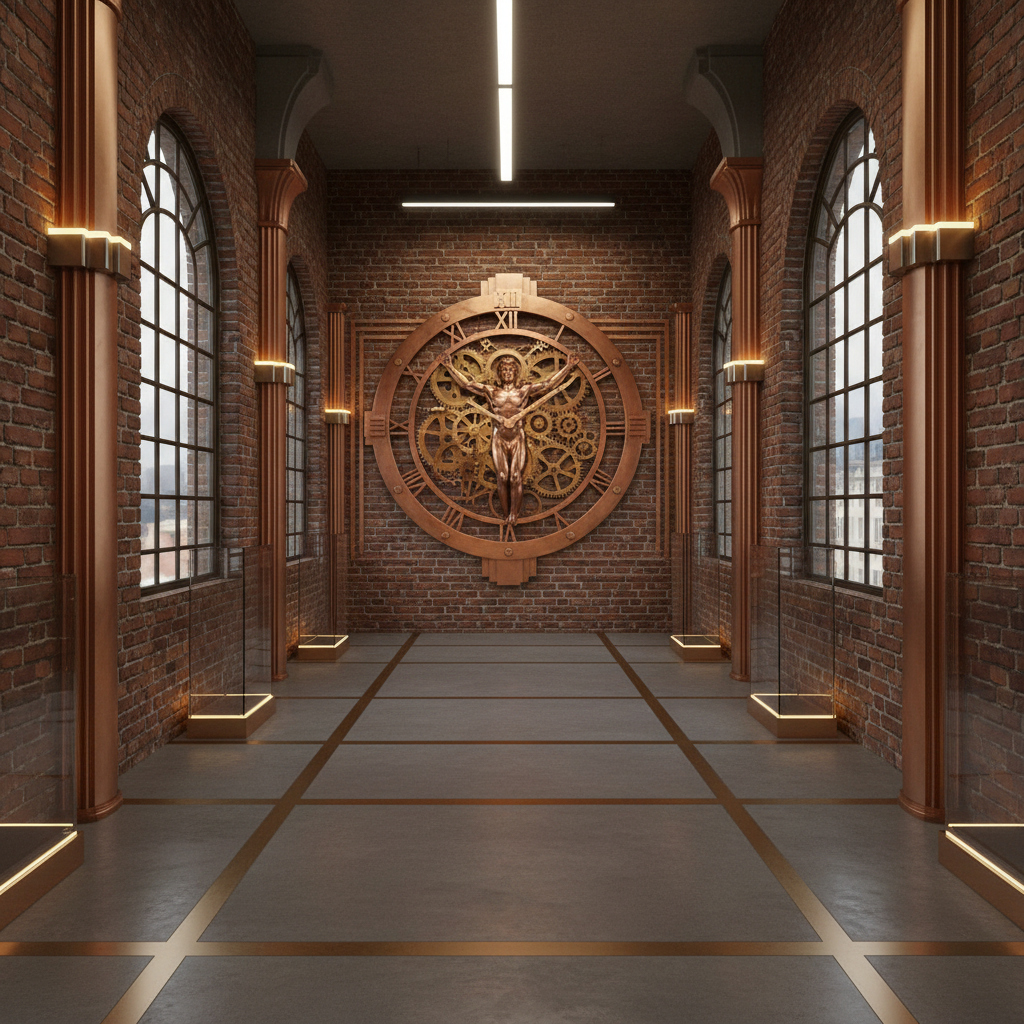 Industrial art deco hallway with Copper Atlas open-frame clock on exposed brick wall with gallery lighting