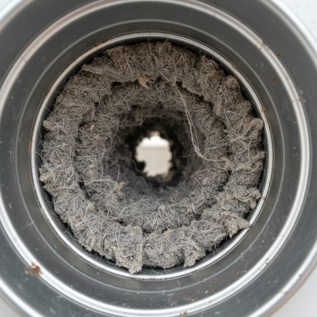 Close-up of lint-clogged dryer exhaust ductwork showing grey fibrous buildup inside a metal vent