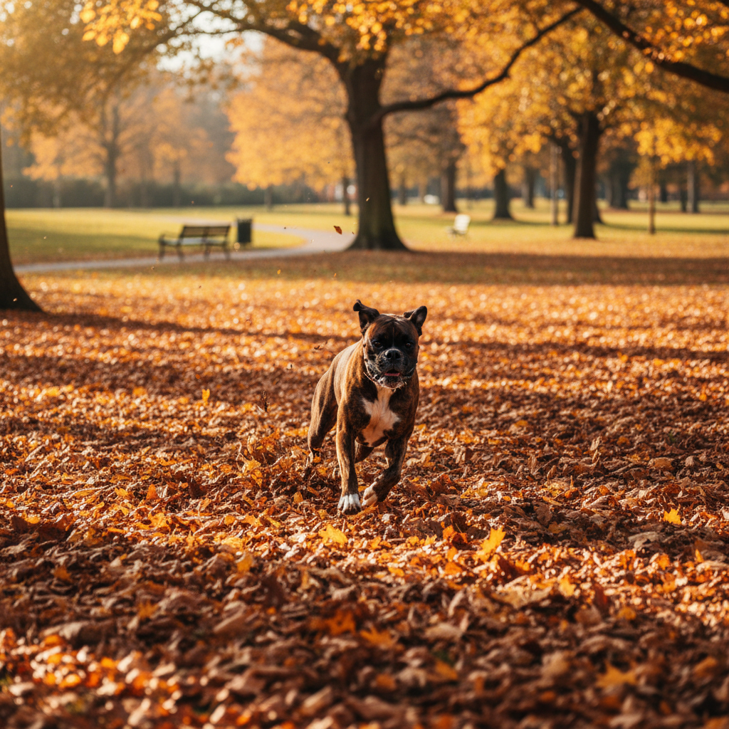 Energetic brindle boxer dog sprinting full speed through golden autumn leaves in a park, ears pinned back
