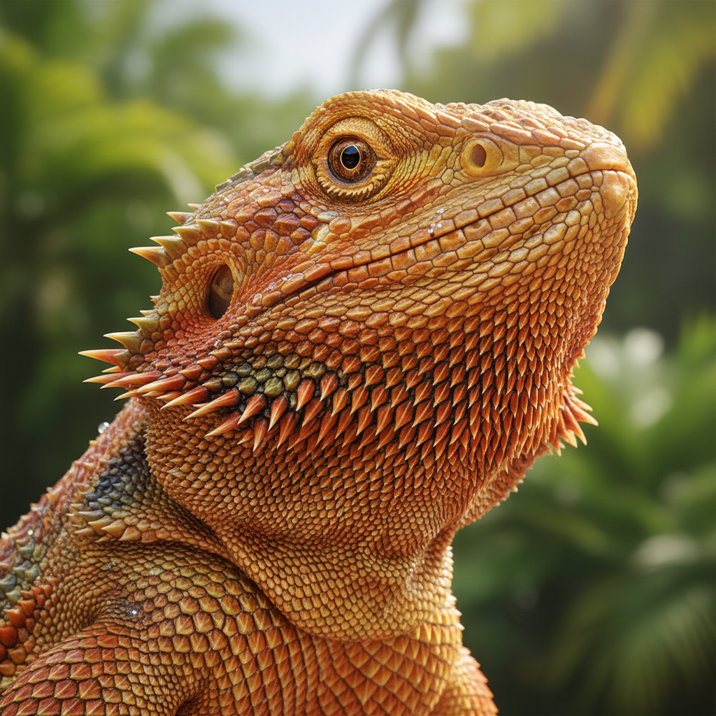Bearded dragon with perfectly buffed scales and healthy coloration after grooming