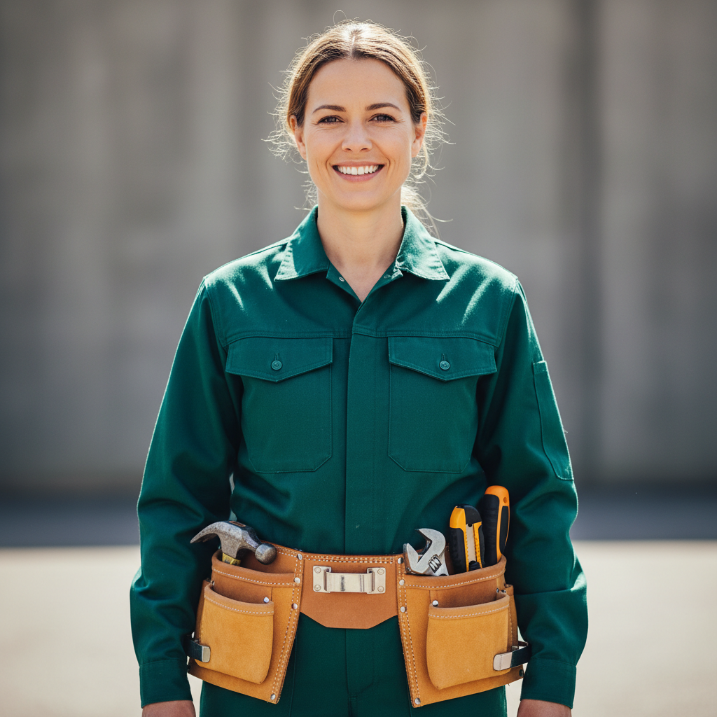 Professional contractor smiling outdoors, confident pose, blue sky background, friendly approachable demeanor