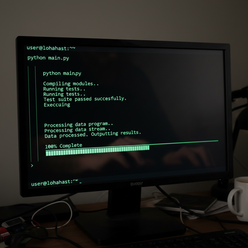 Terminal screen with green code text on dark background, atmospheric dim lighting