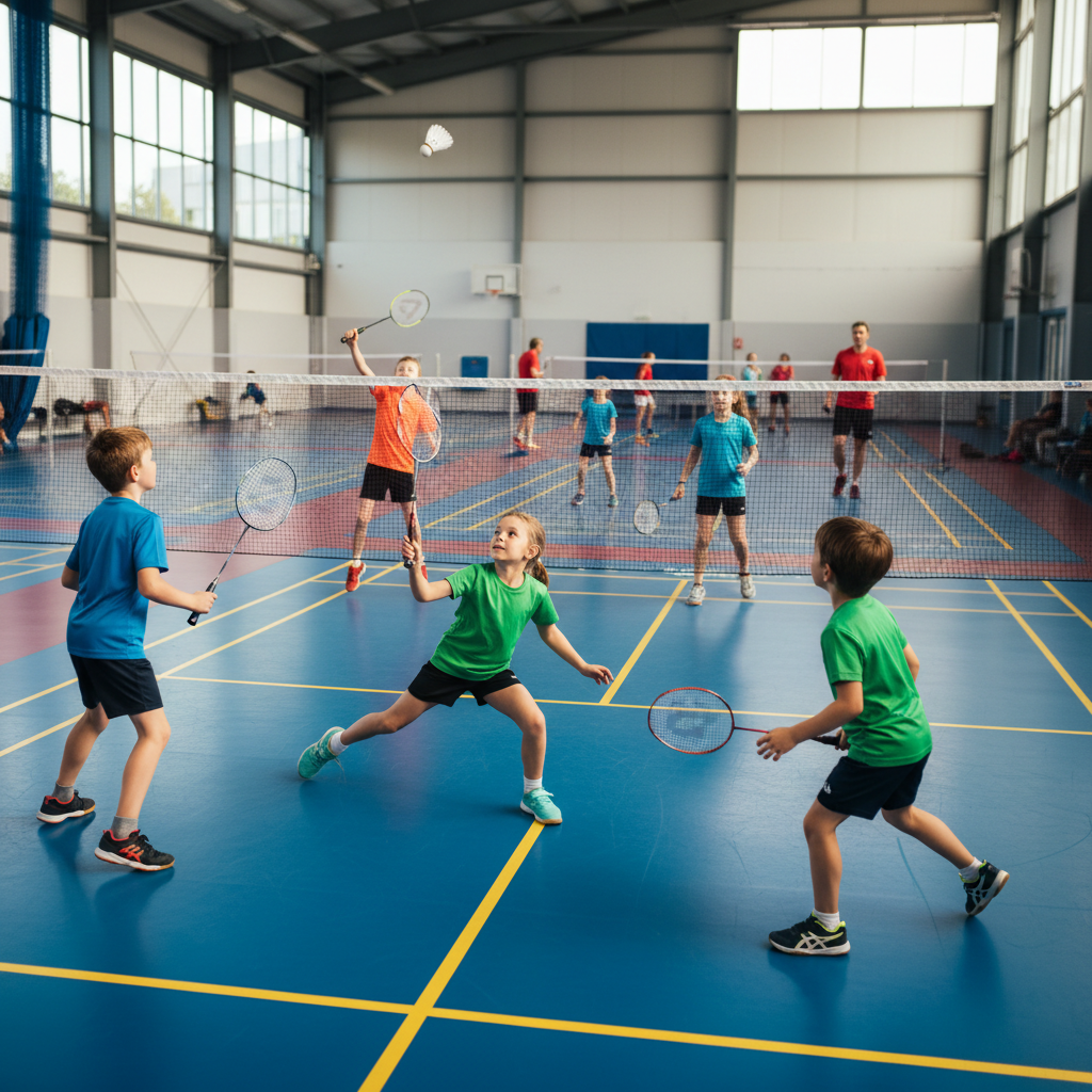 Children playing badminton in a junior academy court with colorful markings