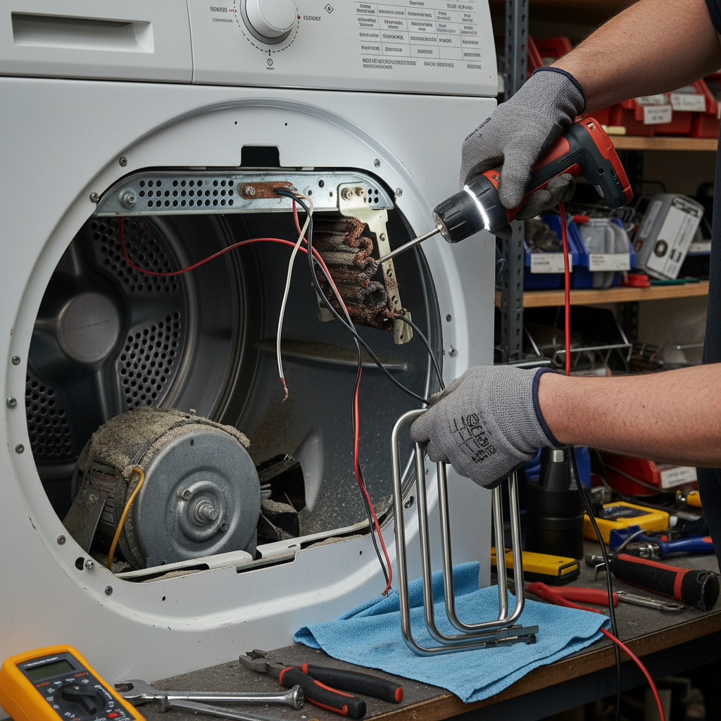 Dryer with open panel showing heating element replacement in progress