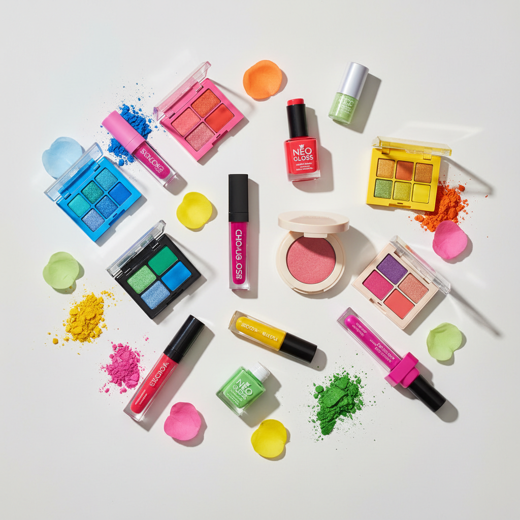 Colourful lip cosmetics and makeup products on light background