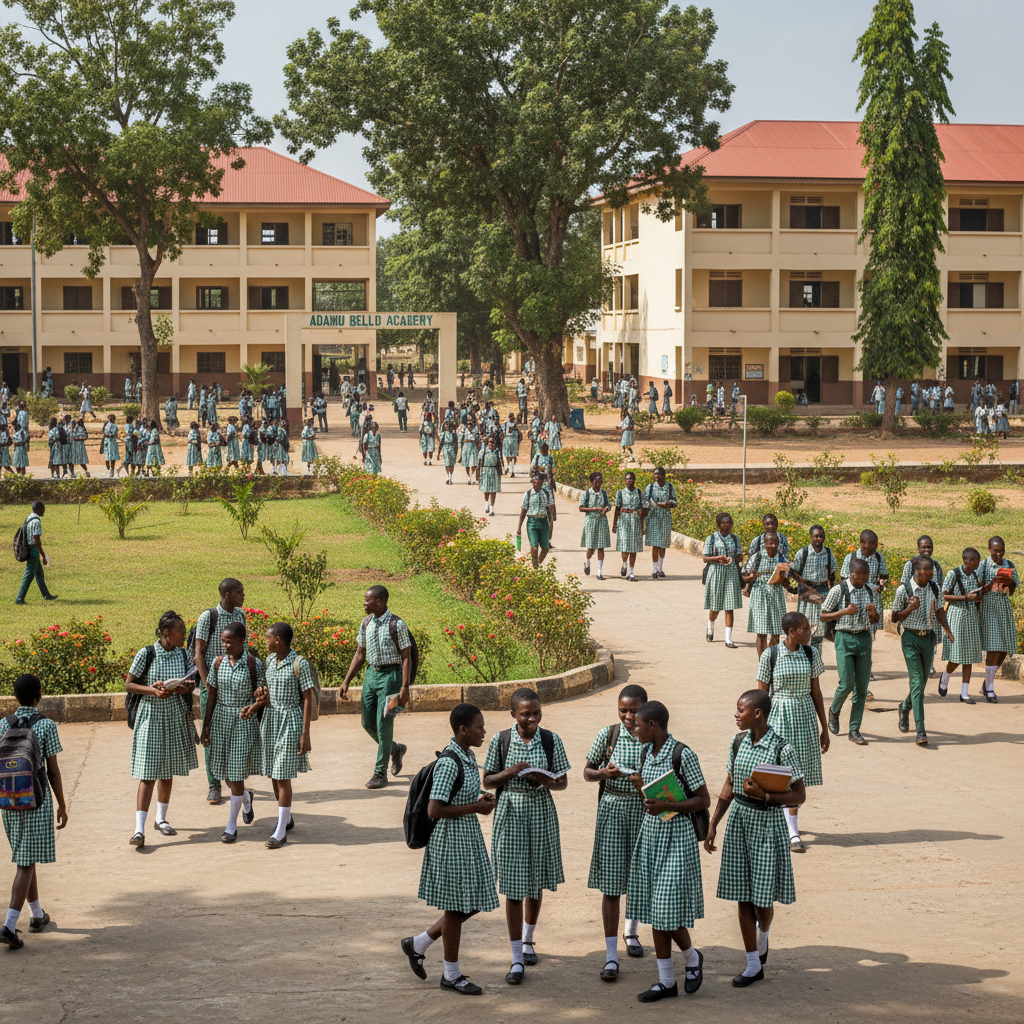 Nigerian school students in uniform standing at morning assembly