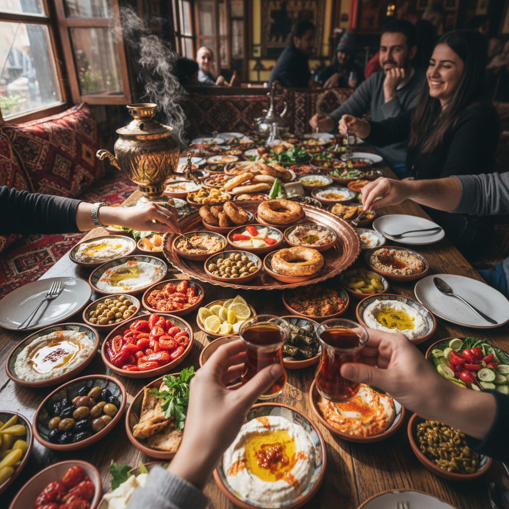 Long wooden table crowded with Turkish mezze dishes, tea glasses clinking, hands reaching for food