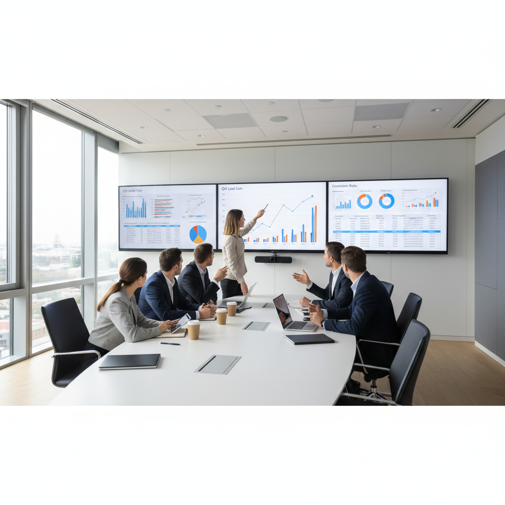 Business team reviewing digital marketing strategy and lead generation results on conference room screens