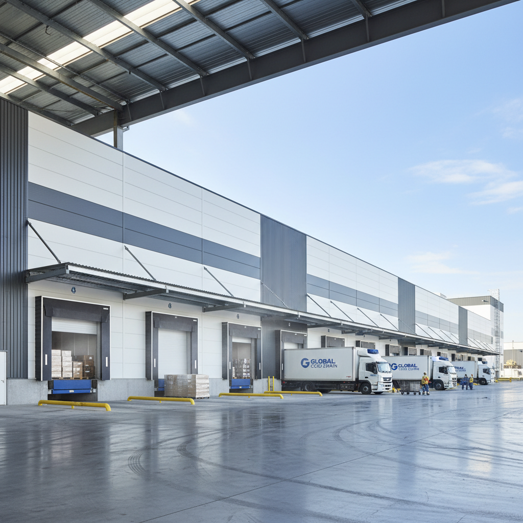Modern cold storage facility with refrigerated loading docks and insulated panels