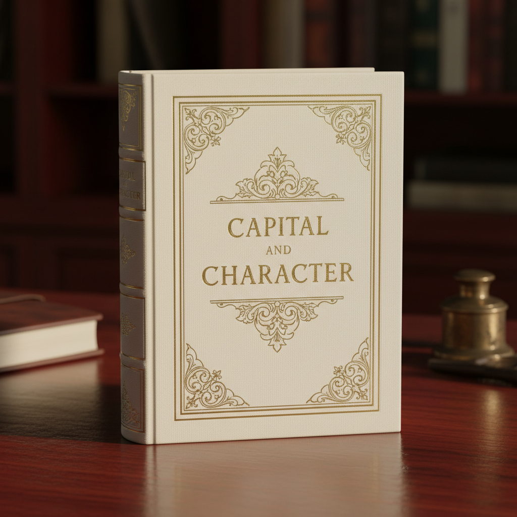Classic ivory and gold hardcover book Capital and Character on a mahogany desk with reading glasses