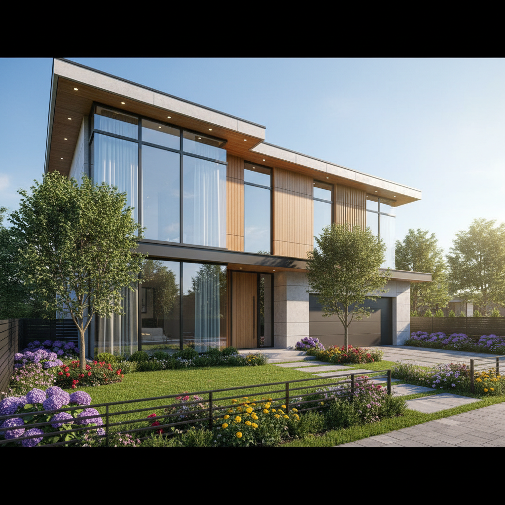Bright airy modern craftsman home exterior with stone accents, large windows, and lush green landscaping on a sunny day