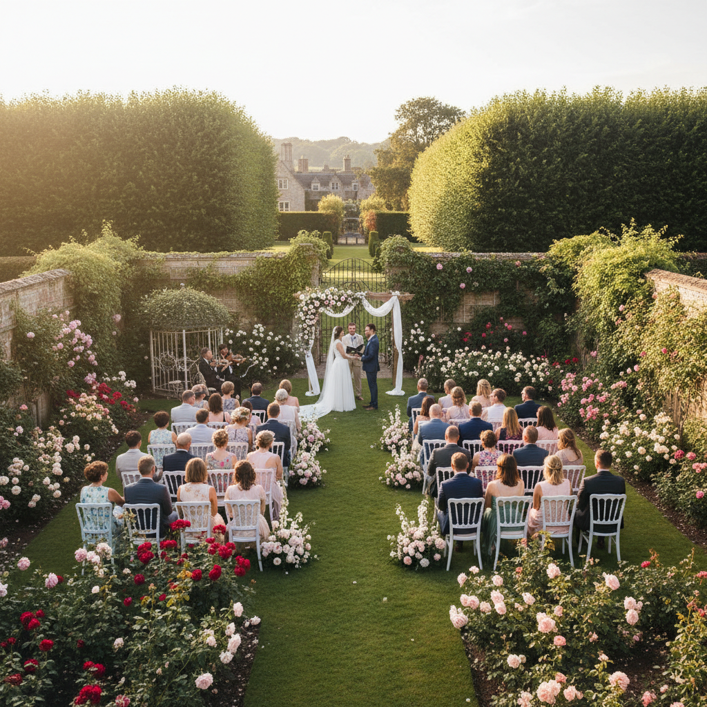 Intimate 34-person garden ceremony at Thornbury with roses in full bloom and afternoon light through hedgerows