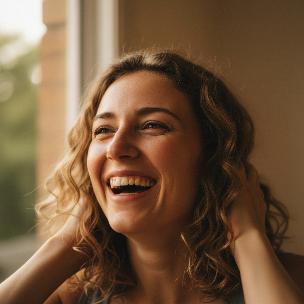 Aisha Okafor, woman laughing, warm natural light, casual setting
