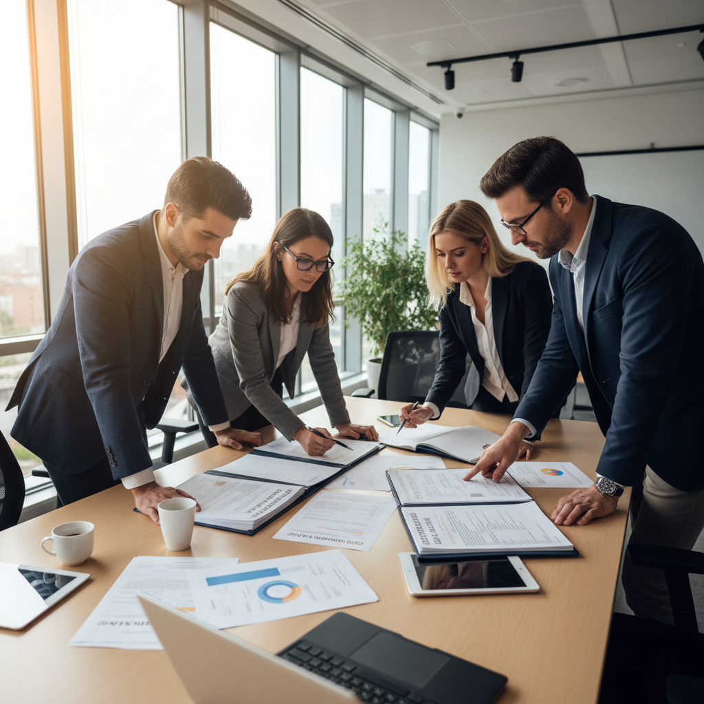 Business team in St. Maarten office reviewing group insurance plan documents