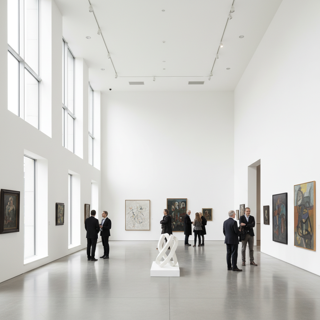 Modern art gallery with large abstract paintings, bright white walls, clean gallery lighting