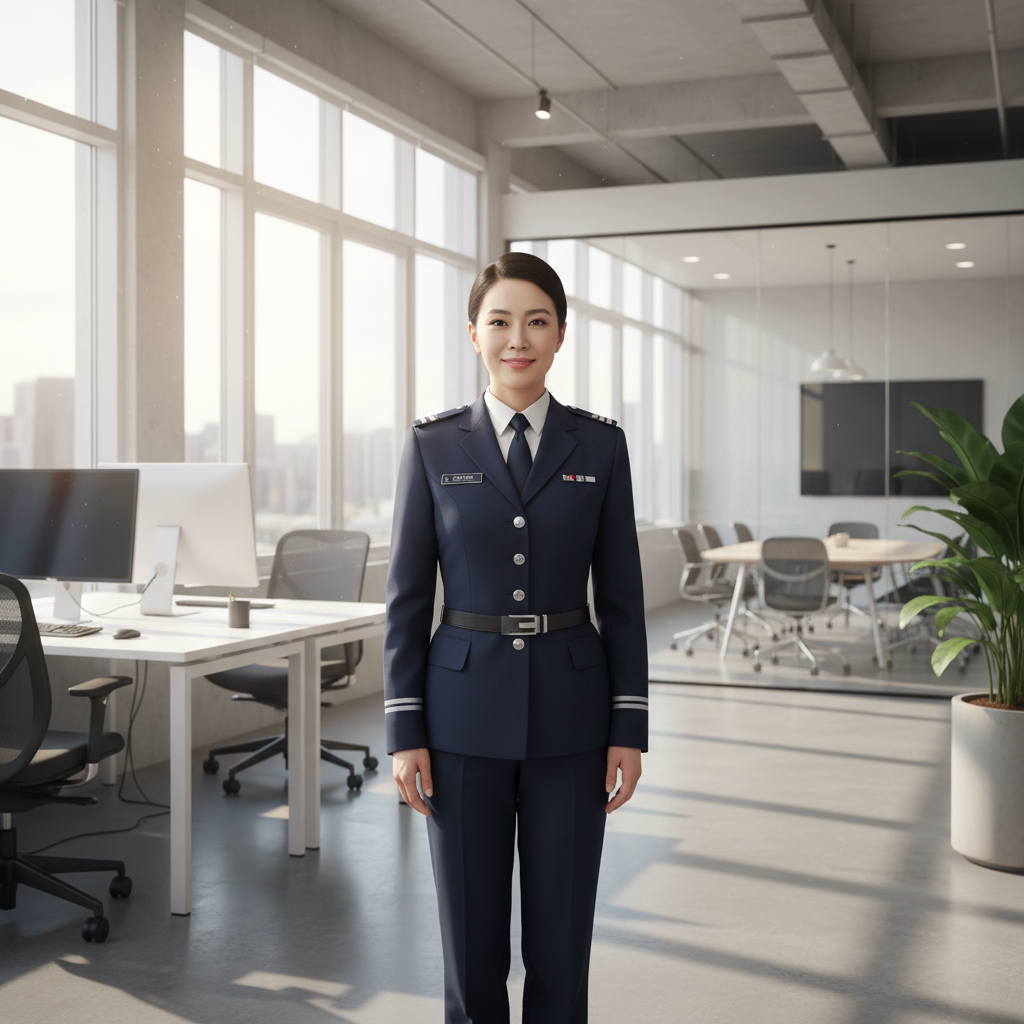Operations manager in professional uniform standing in a clean modern office
