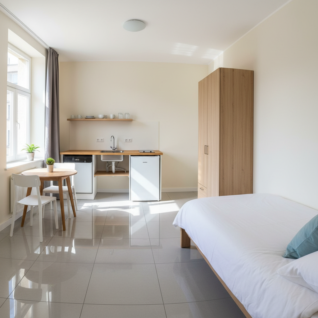 Compact bedsitter room with single bed and tiled floor in clean residential apartment