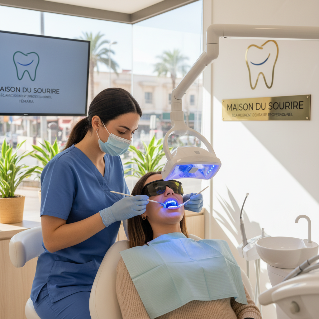 Patient showing beautiful white smile after professional teeth whitening in modern dental clinic