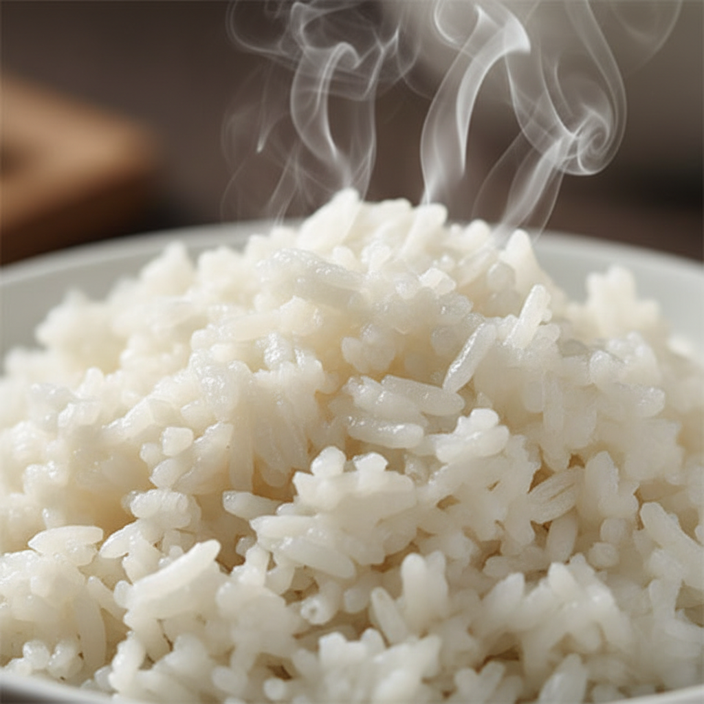 Close-up of cooked jasmine rice, fluffy and white with a slight sheen, steam rising