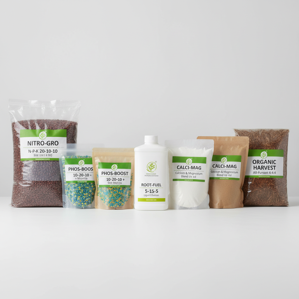 Agricultural fertilizer products displayed showing different nutrient formulations for crop production