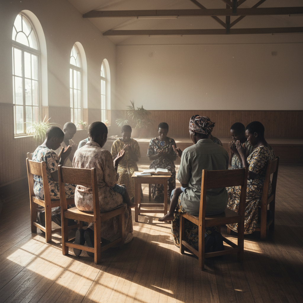 Group of African men and women in a community hall engaged in vocational skills training, warm indoor lighting, focused and determined expressions