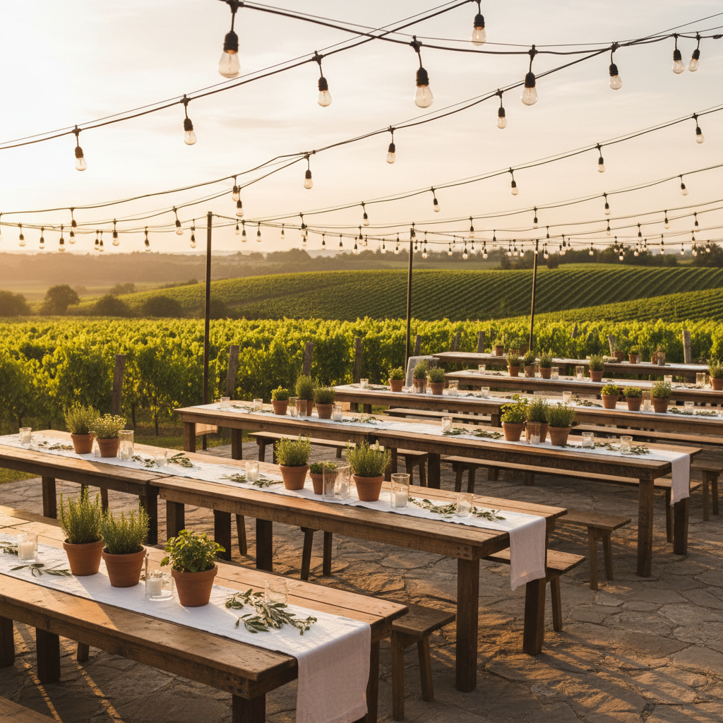Outdoor dining terrace in Lyon at golden hour, traditional French architecture and vine-covered stone walls