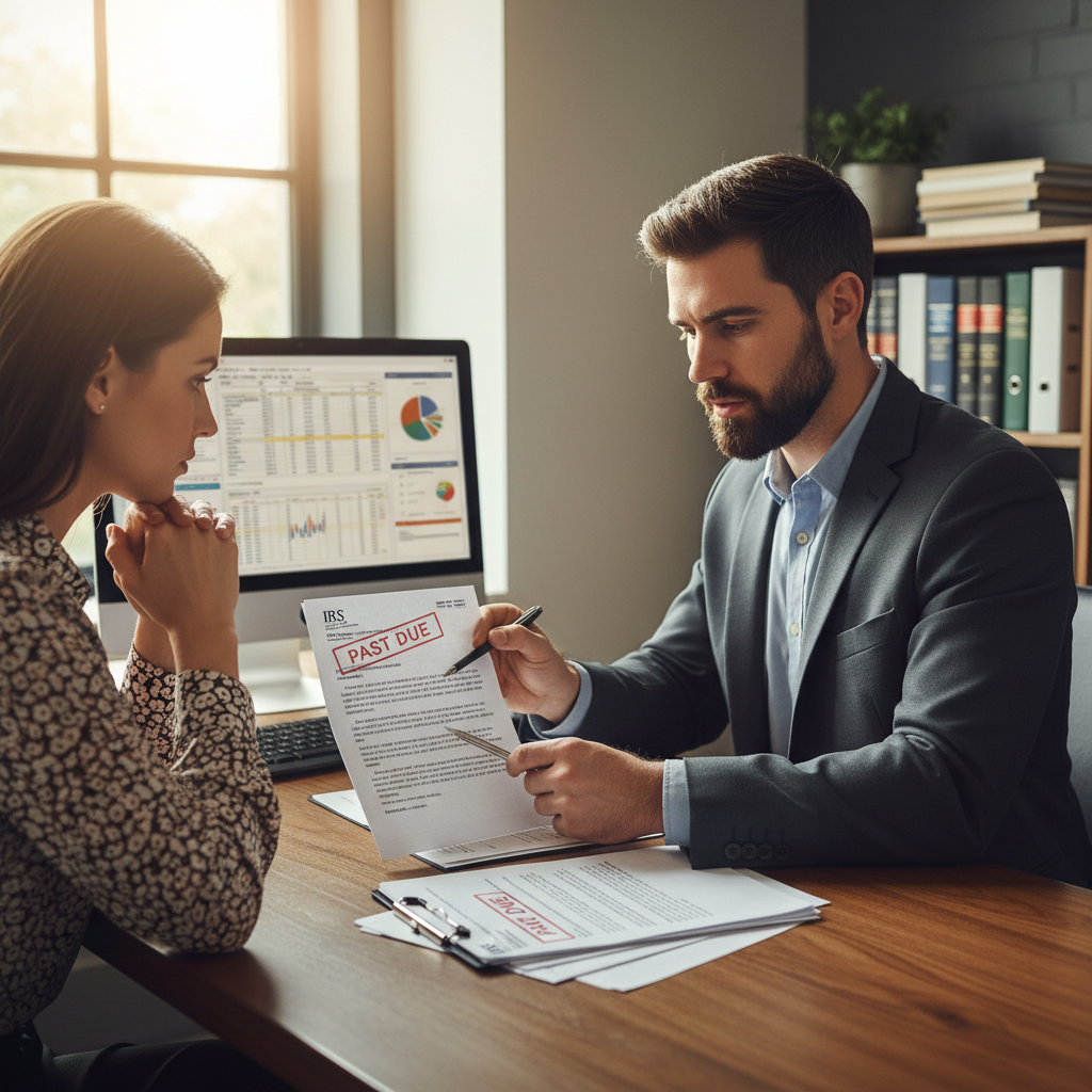 Tax professional in a bright office reviewing financial documents with a client