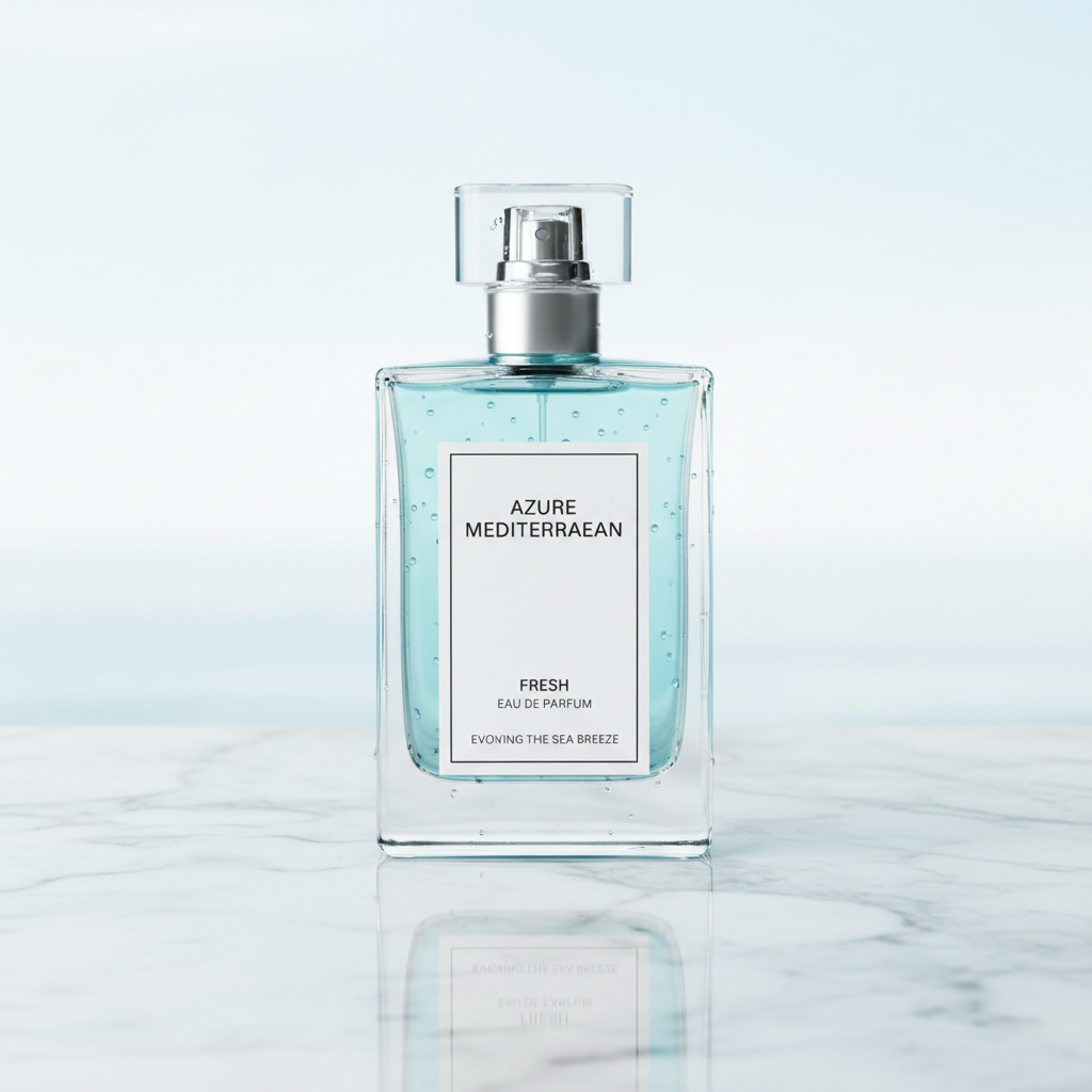 Luxury perfume bottle on dark marble surface, dramatic studio lighting, deep shadows