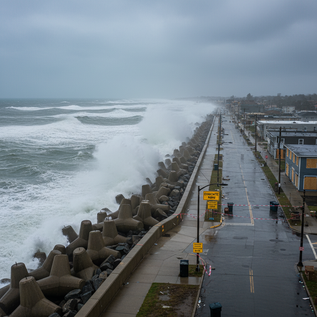 Concrete seawall structure protecting coastal road from wave action and storm surge