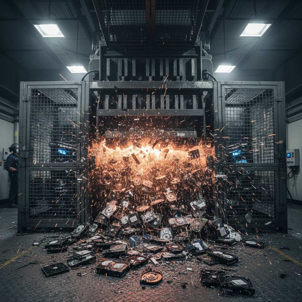 Hard drives being securely destroyed in an industrial data destruction facility