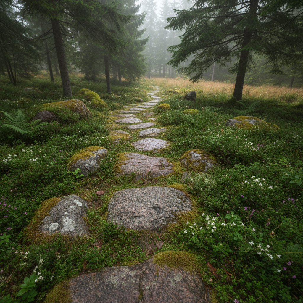 Granite stepping stones emerging through moss and low Nordic ground cover, natural garden path