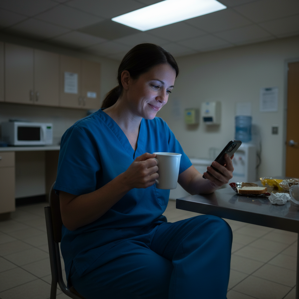 Nurse sitting in break room at 3am with coffee, looking at phone with tired but warm expression under fluorescent light