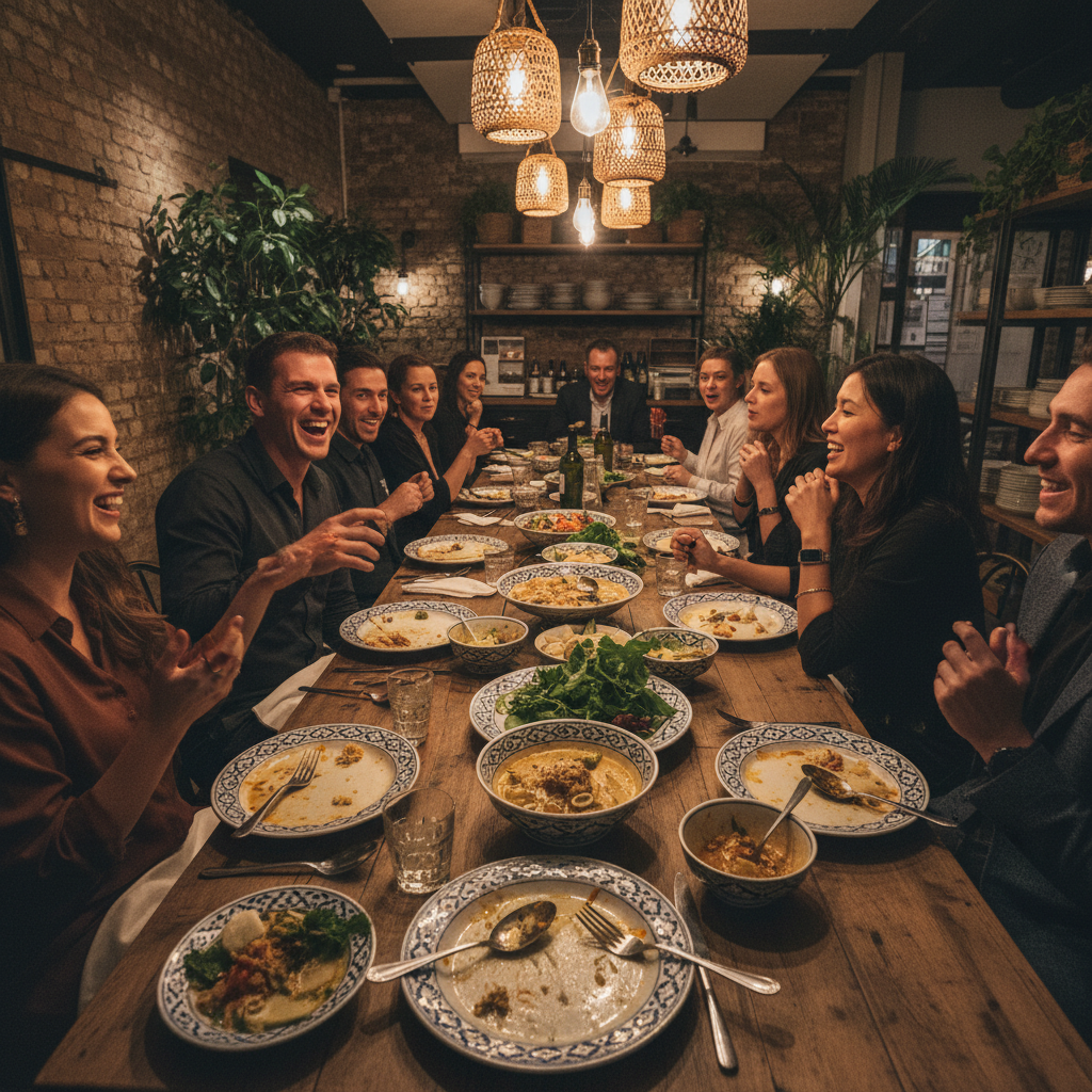Guests at the last Krung supper club — plates half-finished, mid-laugh, warm light overhead
