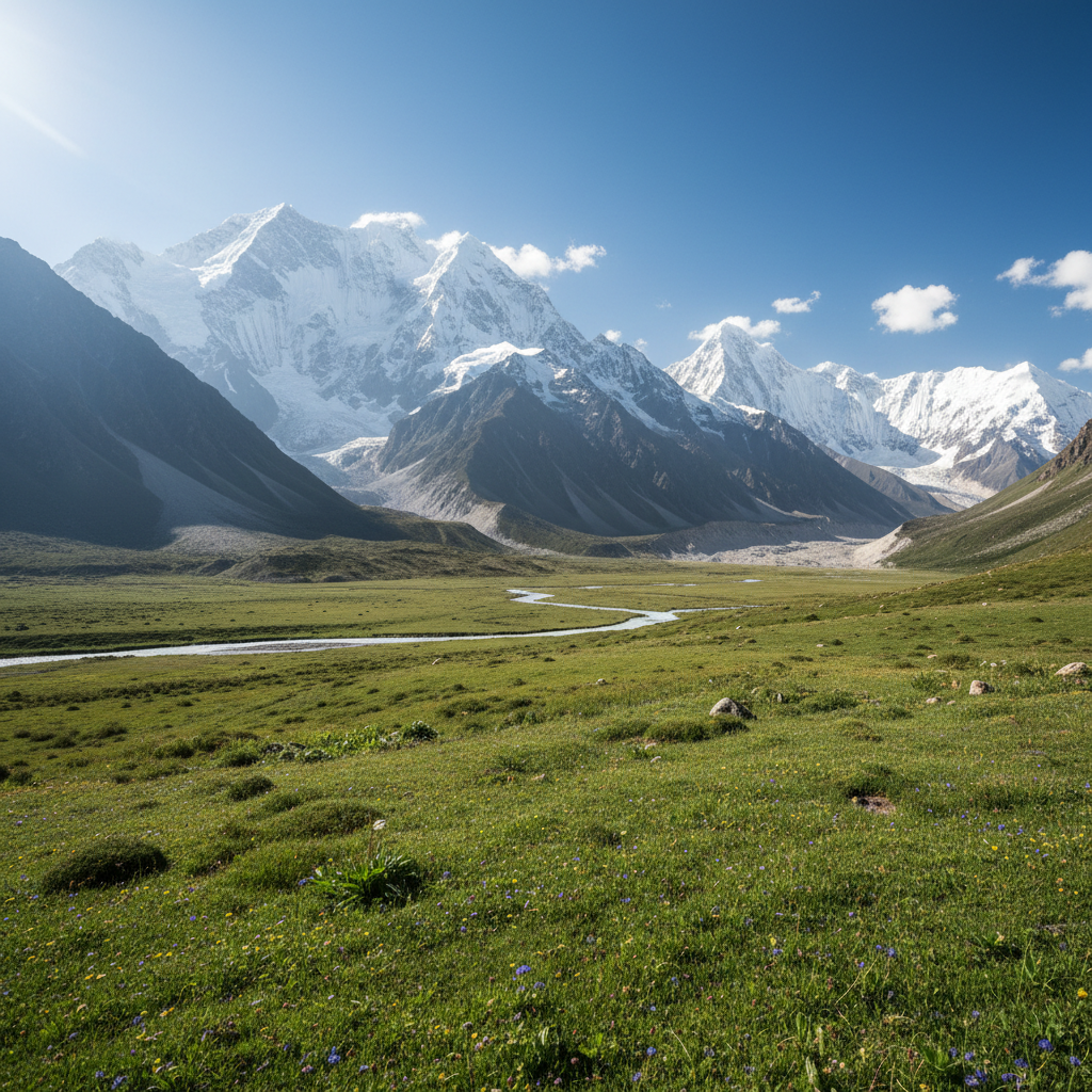 Himalayan mountain landscape with snow peaks and alpine meadow in Bhutan