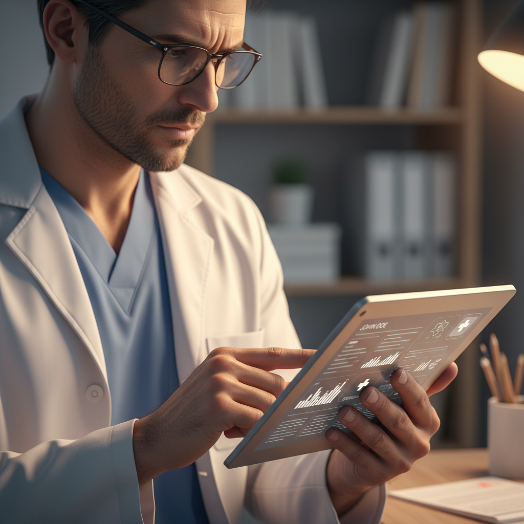Doctor reviewing patient medical records on tablet in hospital corridor, soft clinical lighting