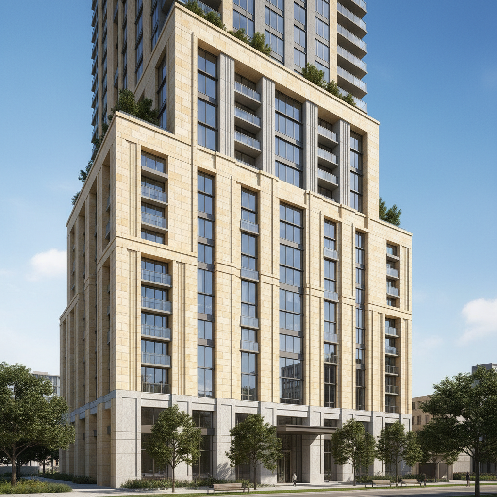 Residential tower with limestone facade and architectural concrete texture detail